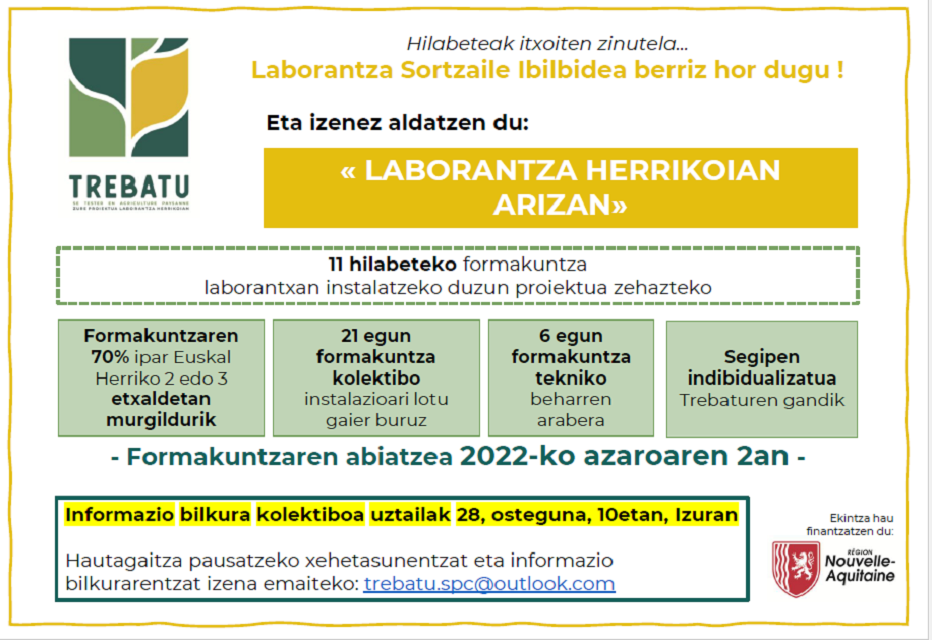 TREBATU – 11 hilabeteko formakuntza laborantxan instalatzeko duzun proiektua zehazteko !