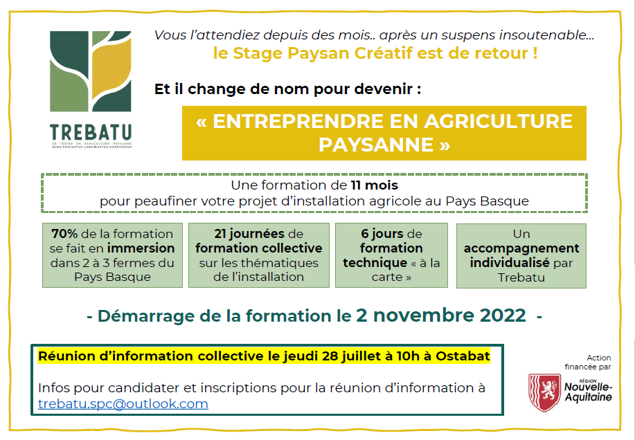 TREBATU – Nouvelle session de formation « Entreprendre en agriculture paysanne » !